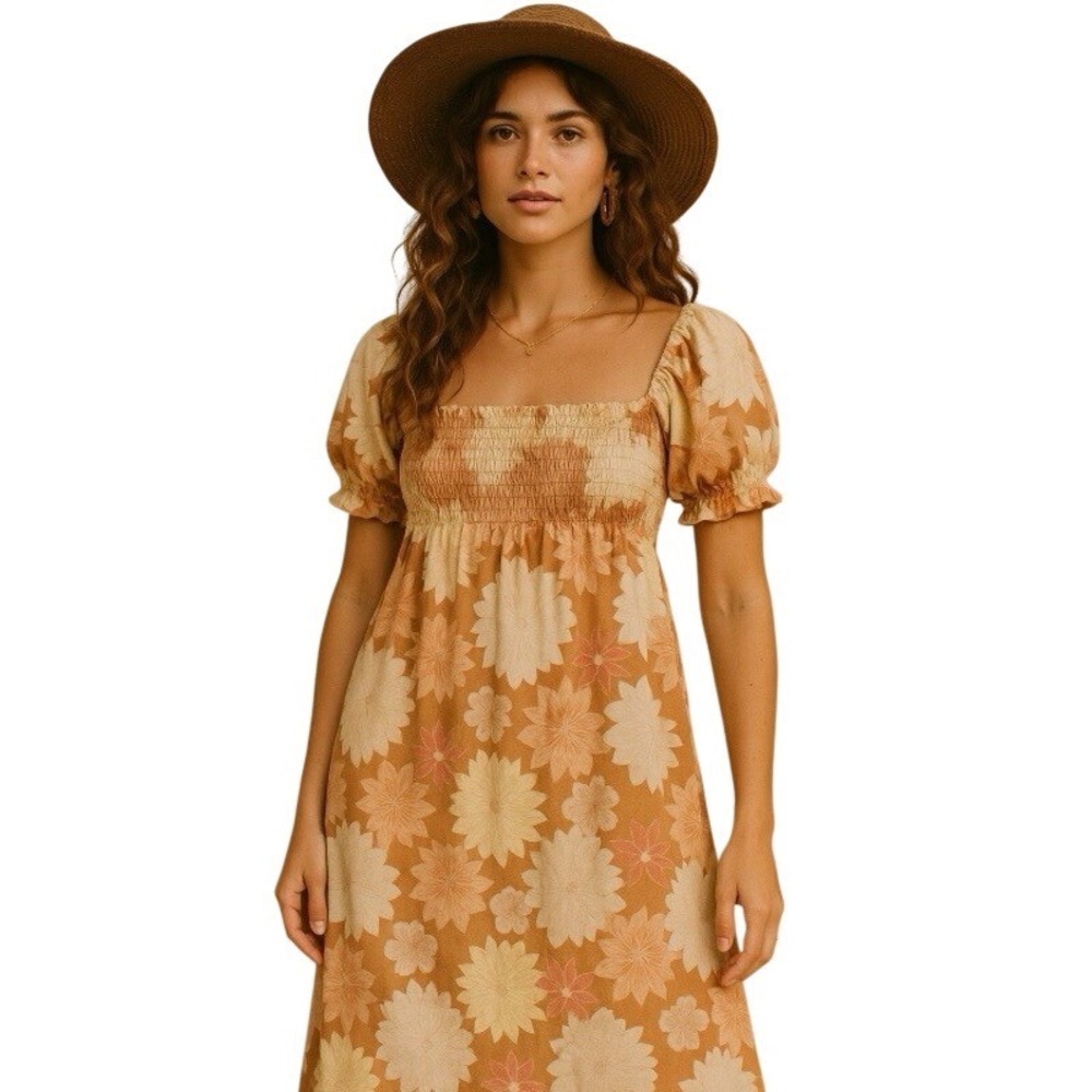 Faherty Mini Dress Ramona Smocked Sz S Peach Jicaro Island Floral Cottage Boho